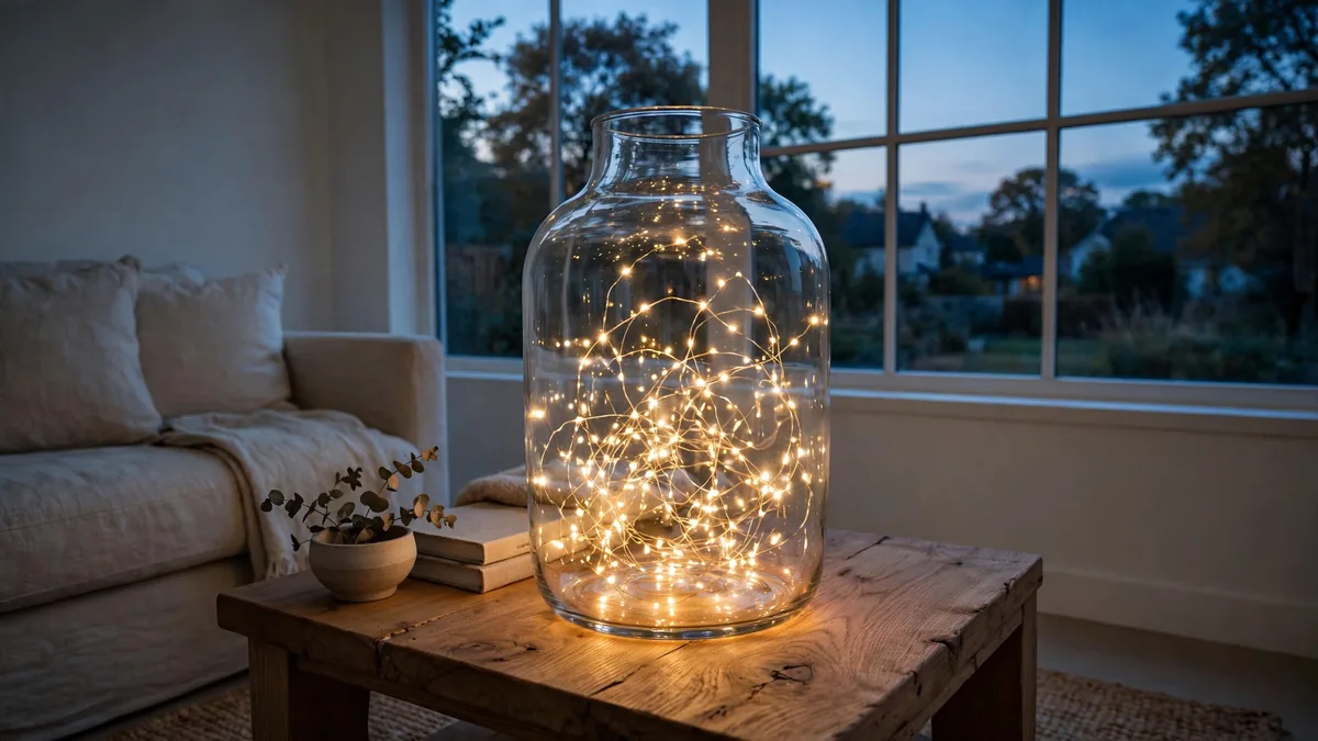 8. Warm White Fairy Lights in a Clear Vase