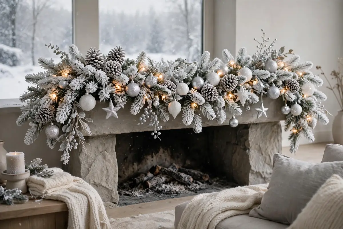 10. Flocked Snowy Garland Mantel
