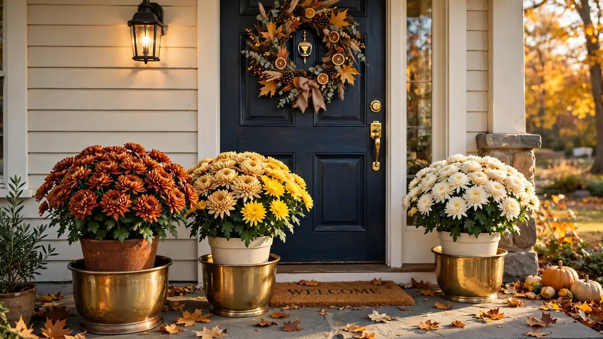 10. Set Out Mums in Brass Pots
