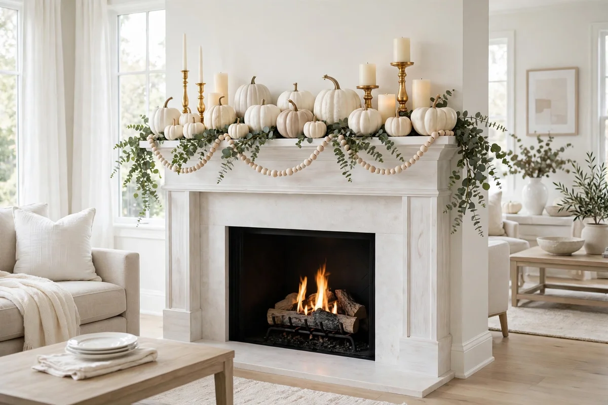 10. All-White Pumpkin Elegant Mantel