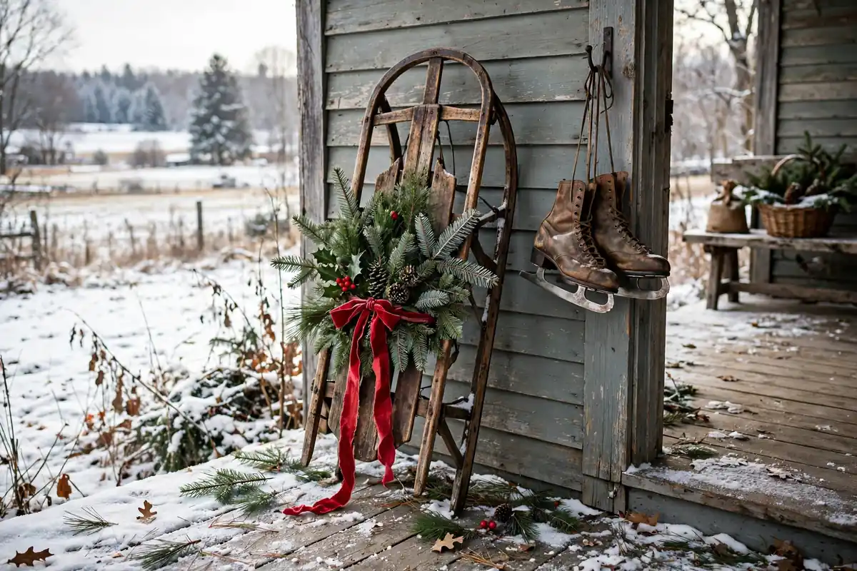 11. Rustic Sled and Skates Decor