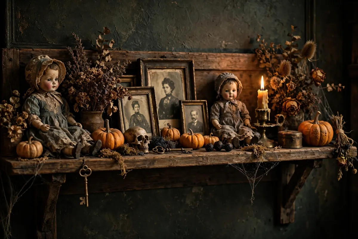 11. Vintage Halloween Shelf With Creepy Dolls
