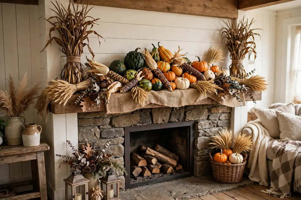 11. Corn Husks and Gourds Rustic Mantel