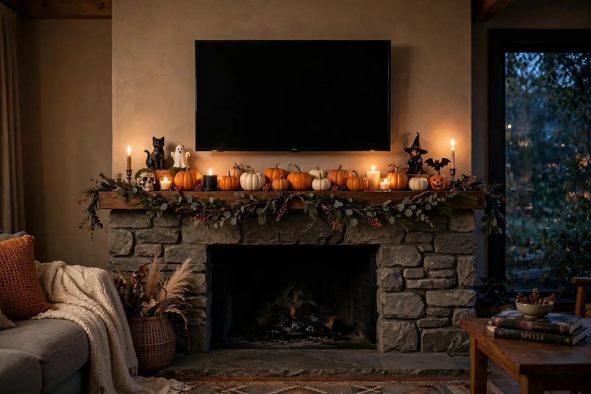 11. Halloween Mantel with a TV Above It