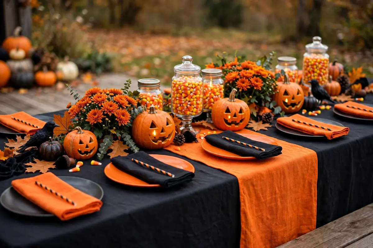 13. Orange and Black Classic Party Table