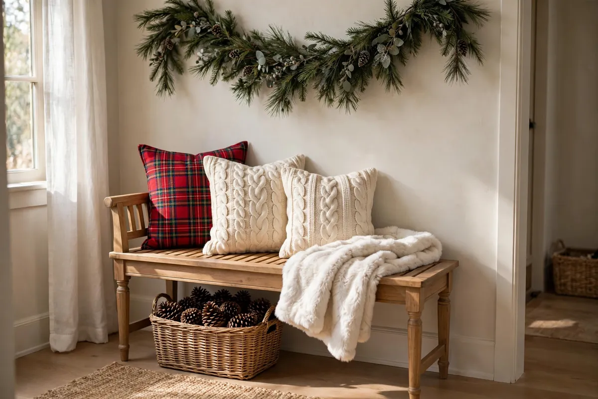 14. Entryway Bench With Christmas Pillows