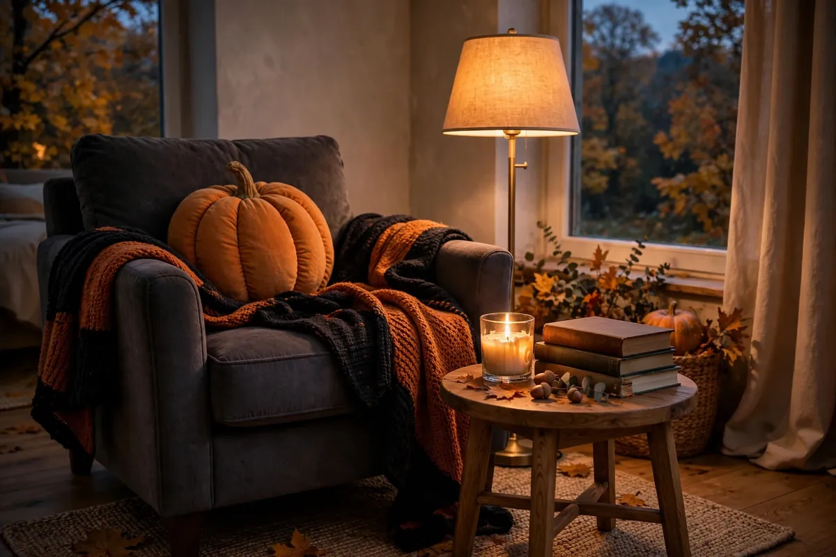 14. Cozy Reading Nook With Halloween Pillows
