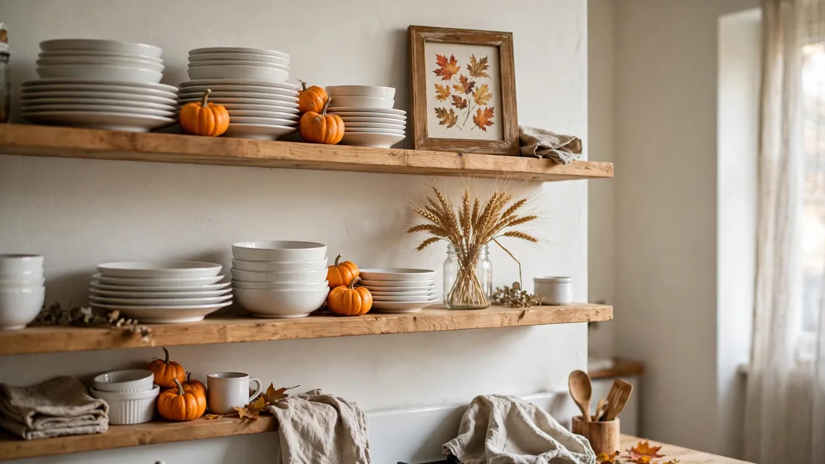 14. Style Open Shelves With Mini Harvest Pieces