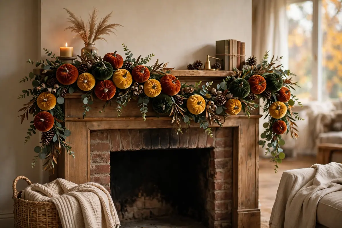 14. Velvet Pumpkin Garland Mantel