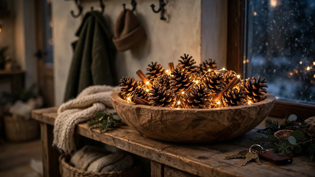 15. Pinecone Bowl With Fairy Lights