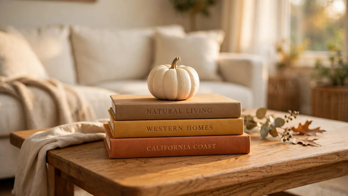 15. A Pumpkin and Book Stack on the Coffee Table