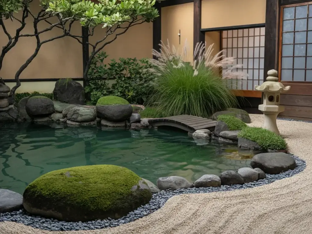 A Japanese Inspired Natural Pool with Moss Covered Stones