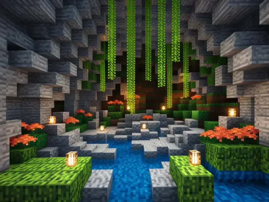  A unique Minecraft cave living room carved