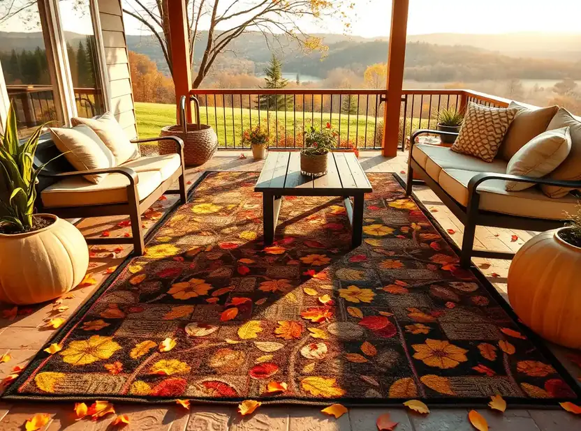 A weatherproof outdoor rug in a warm fall pattern under a patio seating area, cozy and grounding, no people, soft daylight