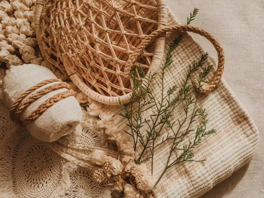 Boho texture mood board with rattan