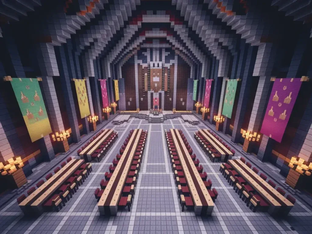 grand Minecraft medieval great hall with high stone ceilings