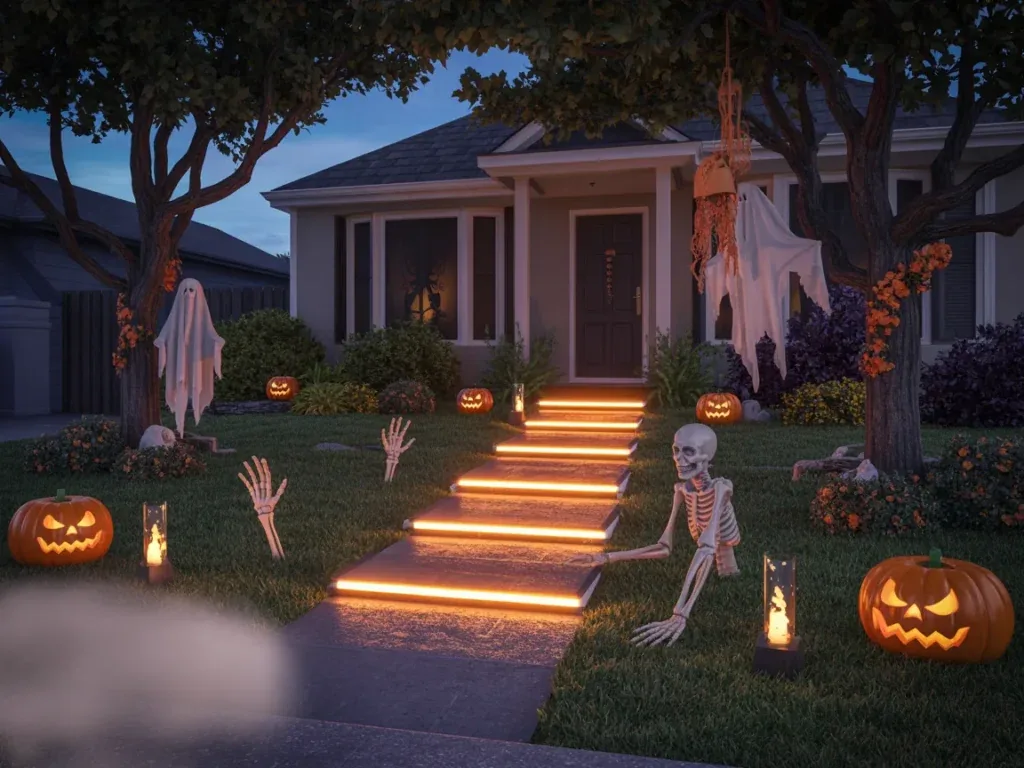 Halloween yard setup with clear path lighting