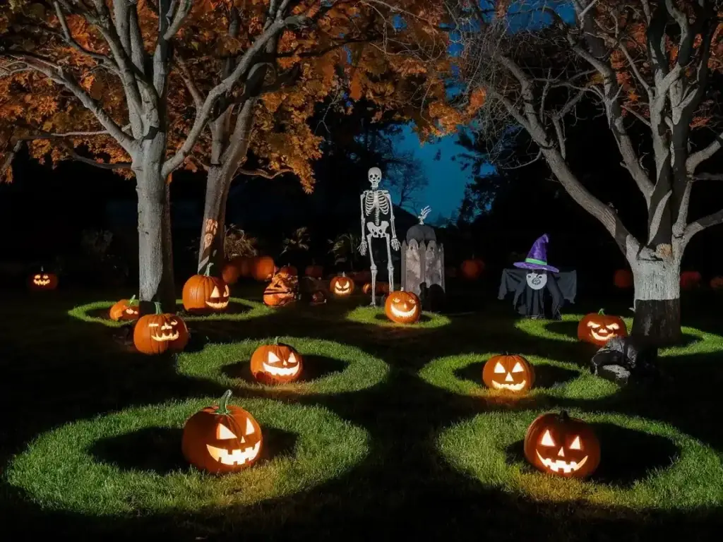 Halloween yard with ground spotlights casting