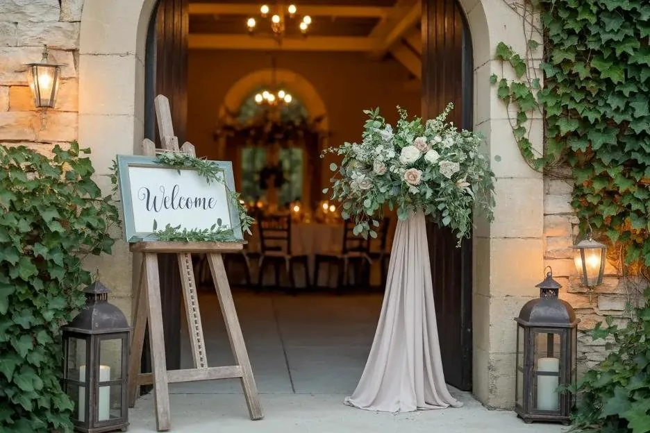Home wedding entry decor with welcome sign