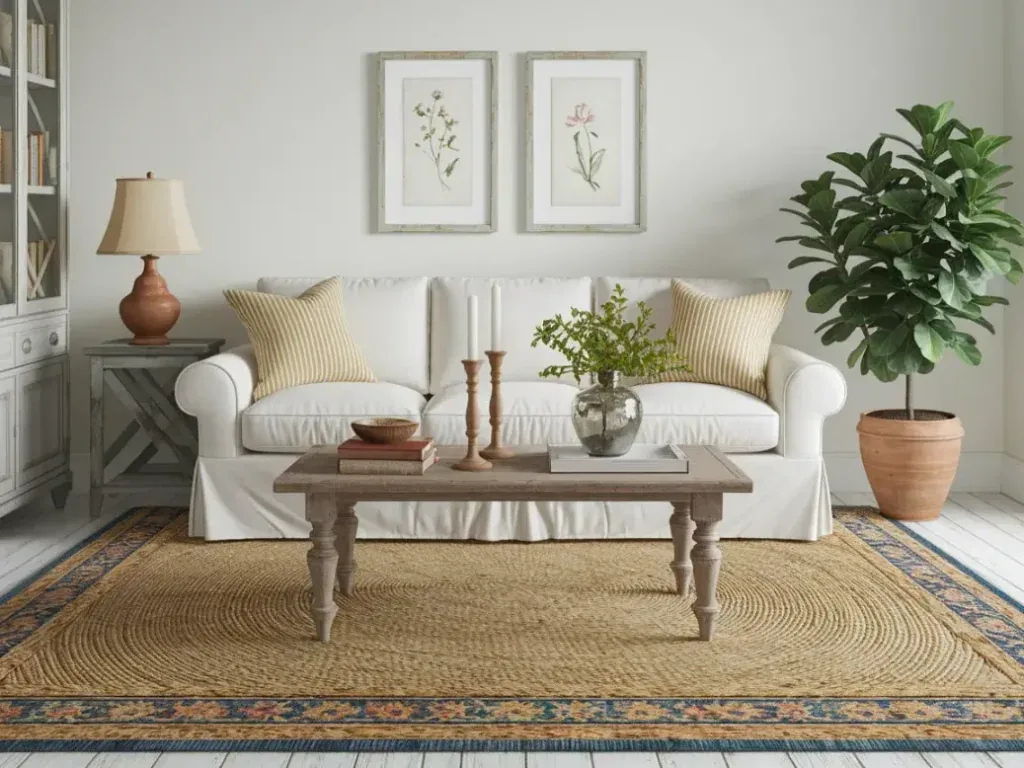 Large natural jute area rug as base layer with smaller vintage