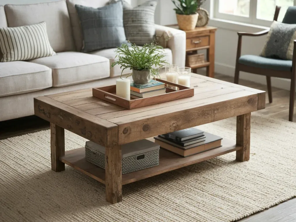 large reclaimed wood coffee table as the centerpiece
