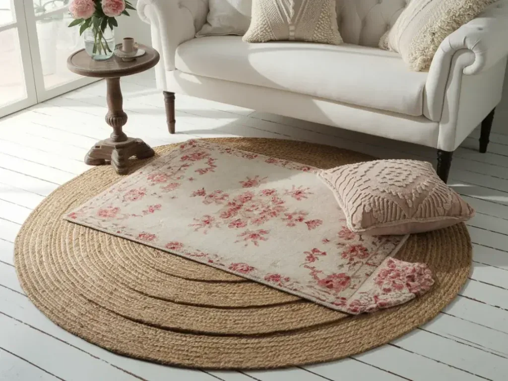 Layered Rug Arrangement with Large Natural Jute Base