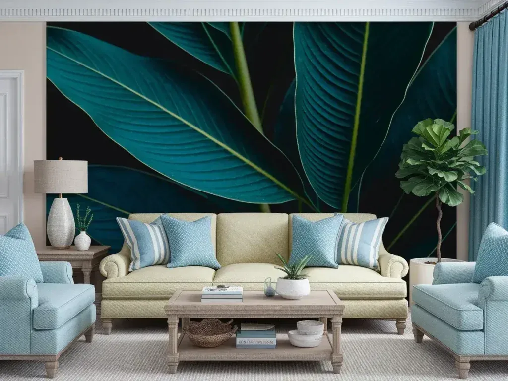  Living room with botanical wall art featuring