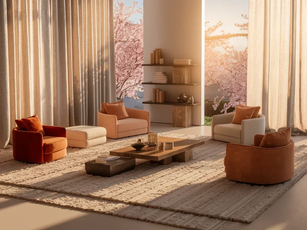 living room with layered rugs