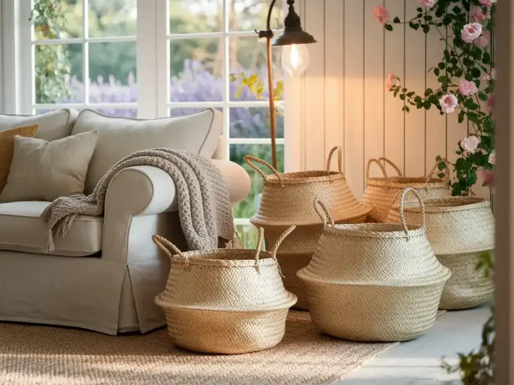 Living Room with Woven Storage Baskets Beside Sofa