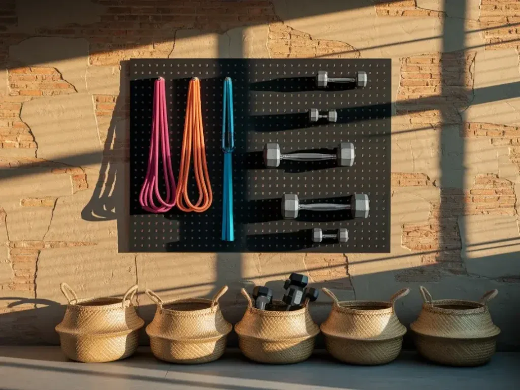 Organized home gym wall storage with pegboard