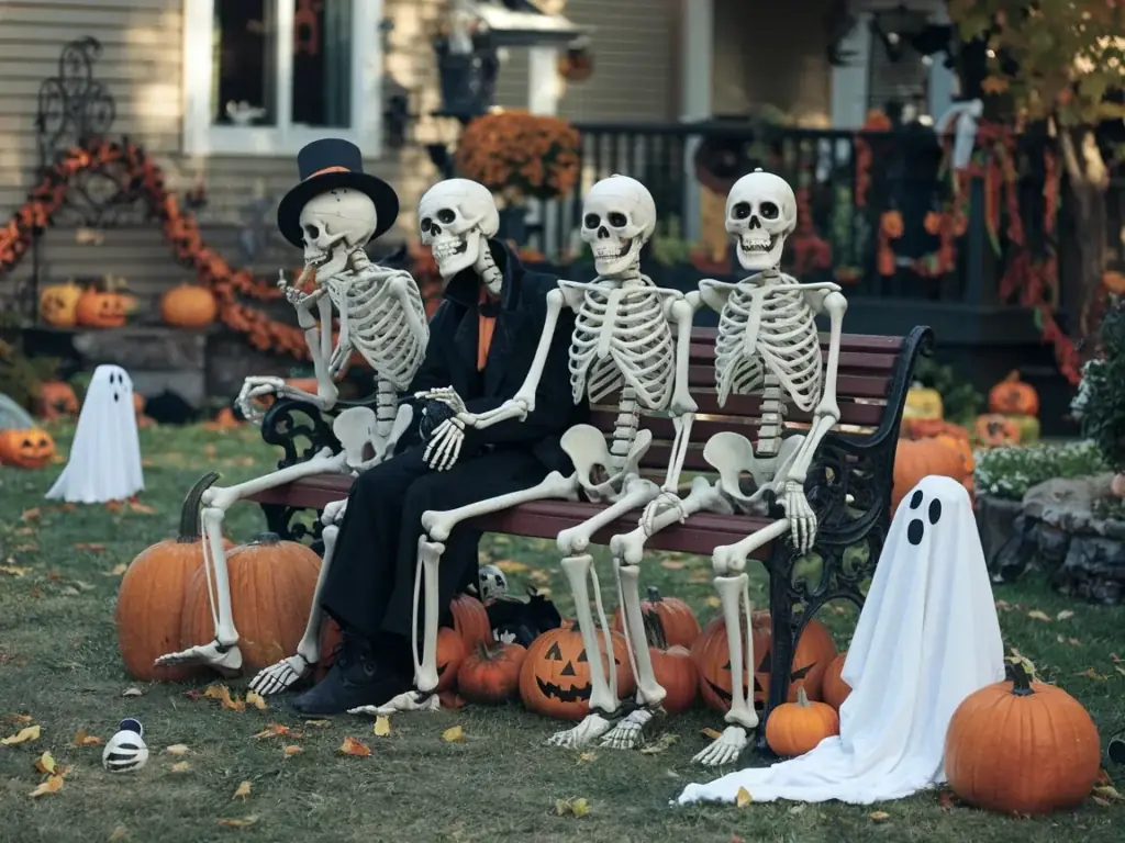 Outdoor Halloween skeleton scene in a yard
