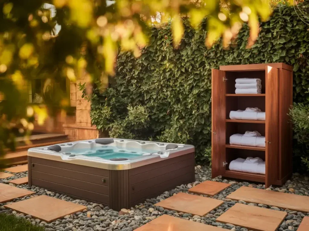 Outdoor hot tub area with towel and robe storage cabinet