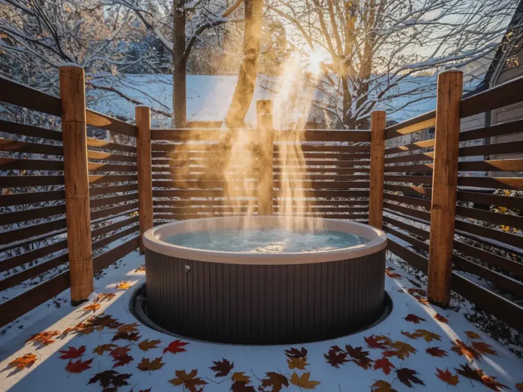 Outdoor hot tub in cold weather with steam rising