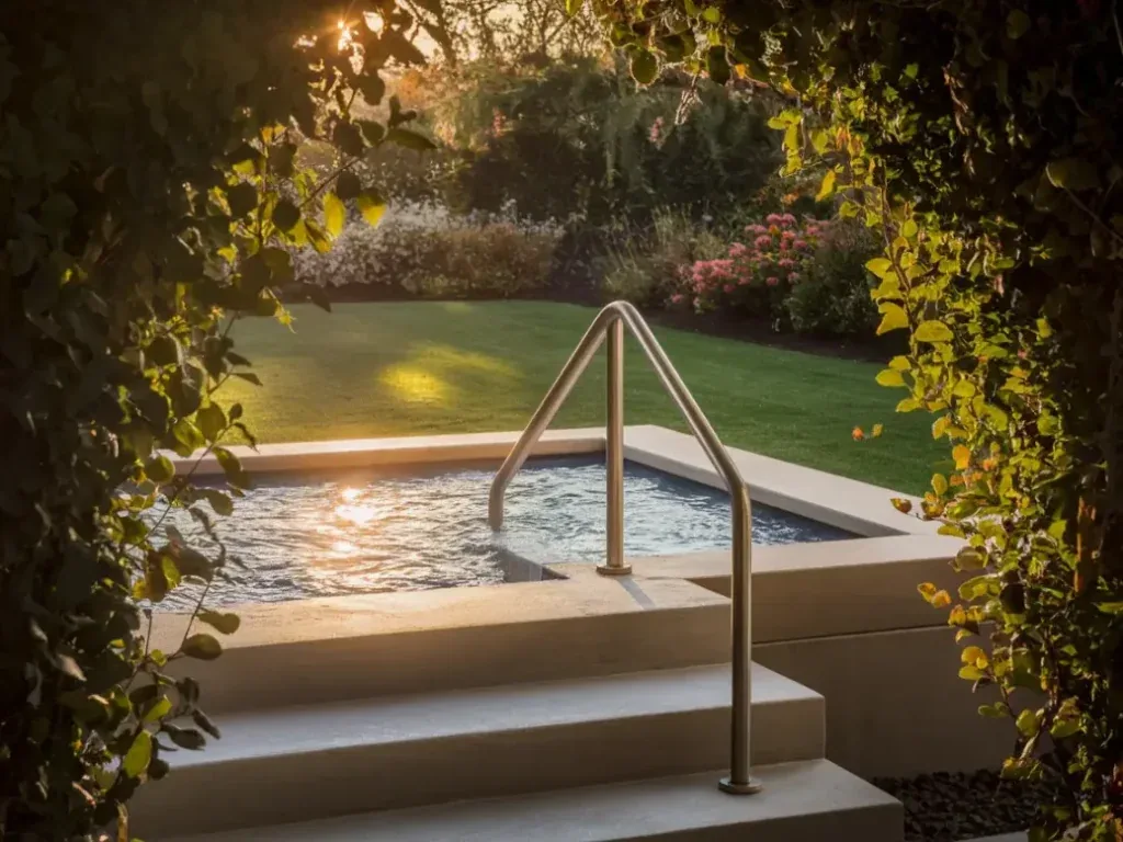 Outdoor Jacuzzi hot tub with wide steps and handrail access