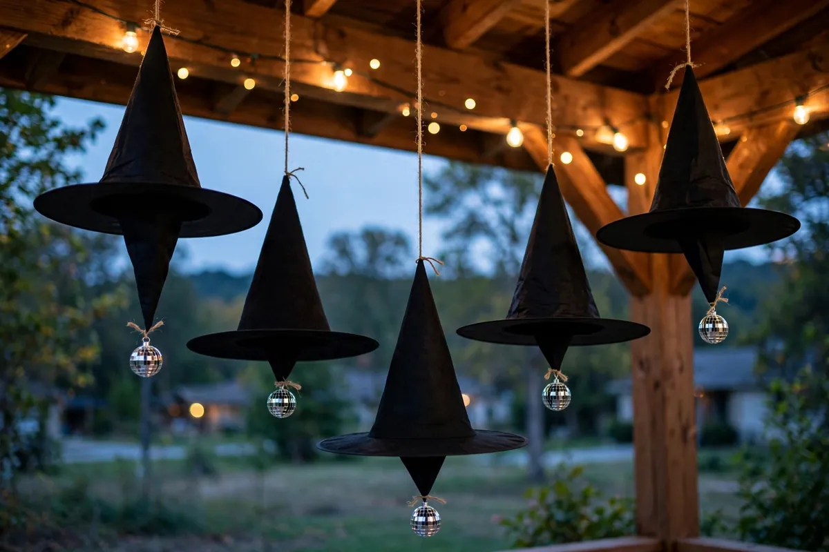 11. Hanging Witch Hats With Mini Disco Balls