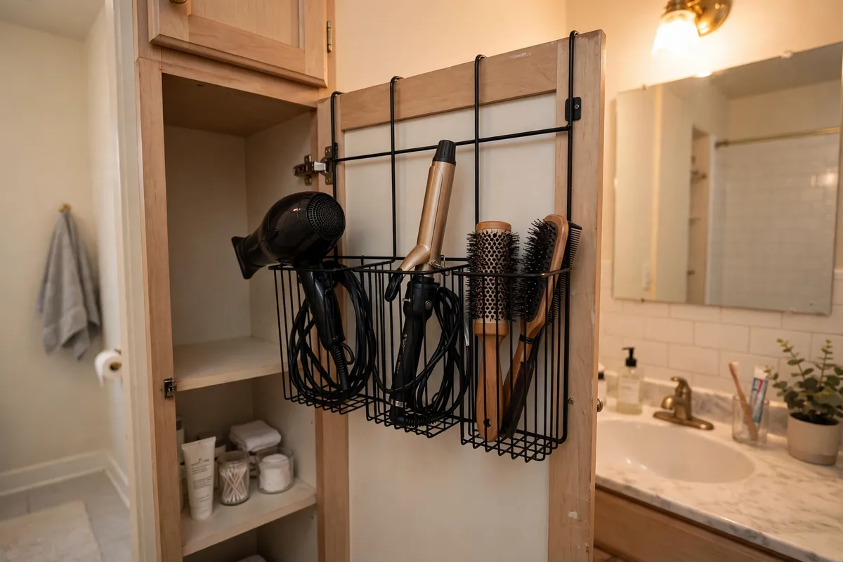 12. Hair Tool Holder Inside The Bathroom Cabinet