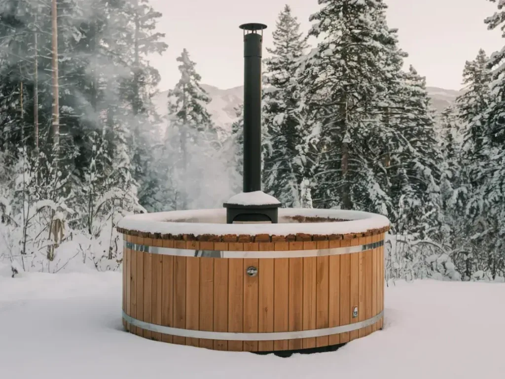 round cedar wood hot tub with visible steel bands