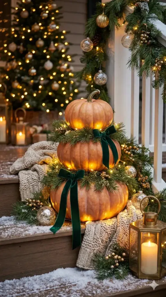 Stacked Glowing Pumpkins on Porch