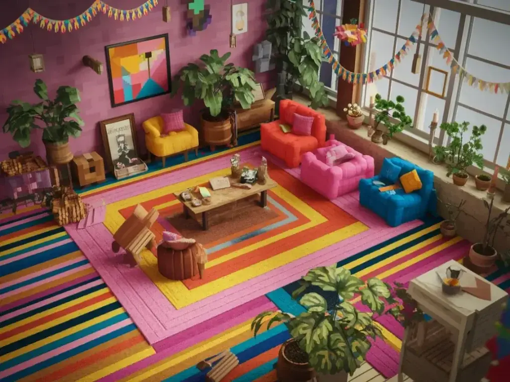 vibrant Minecraft bohemian living room explosion of colors